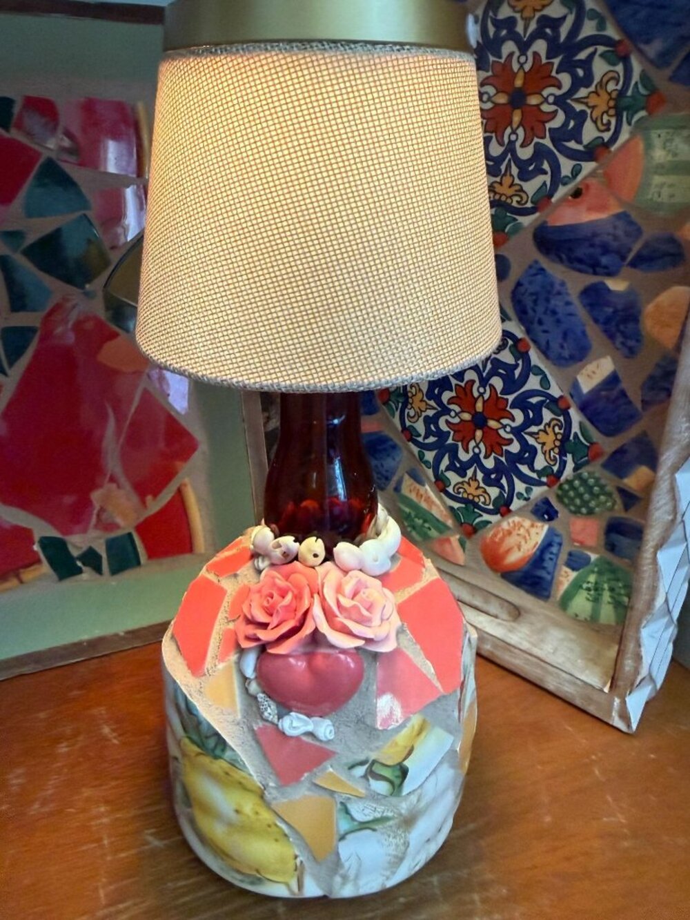 Table Bottle Lamp ~ Cordless ~ Patio ~ Bar ~ Night Light ~ Mosaic Art Glass